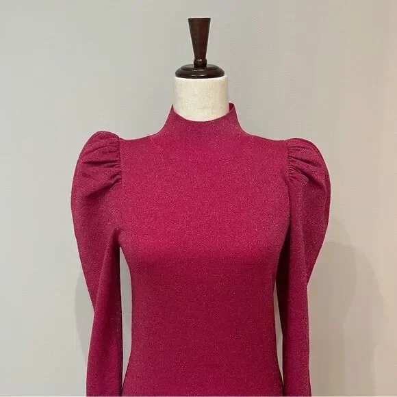 𝅺nwt Alice + Olivia Issa Metallic Puff Long Sleeve Wool Blend Dress Size Large